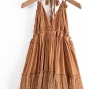 Khaki Swiss Dot Mesh Boho Halter Mini Dress